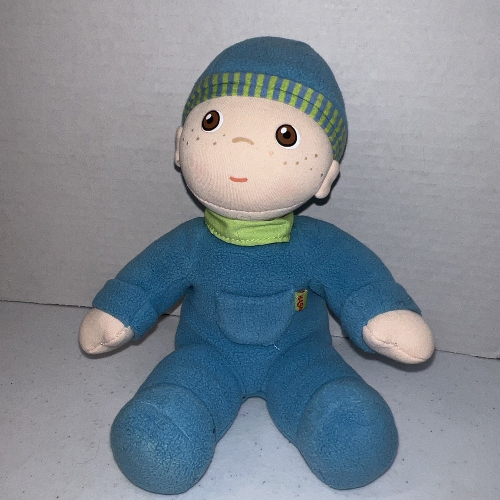 Haba Snug Up Luis Plush Doll 8" First Boy Baby Doll Blue Clothes Green Collar